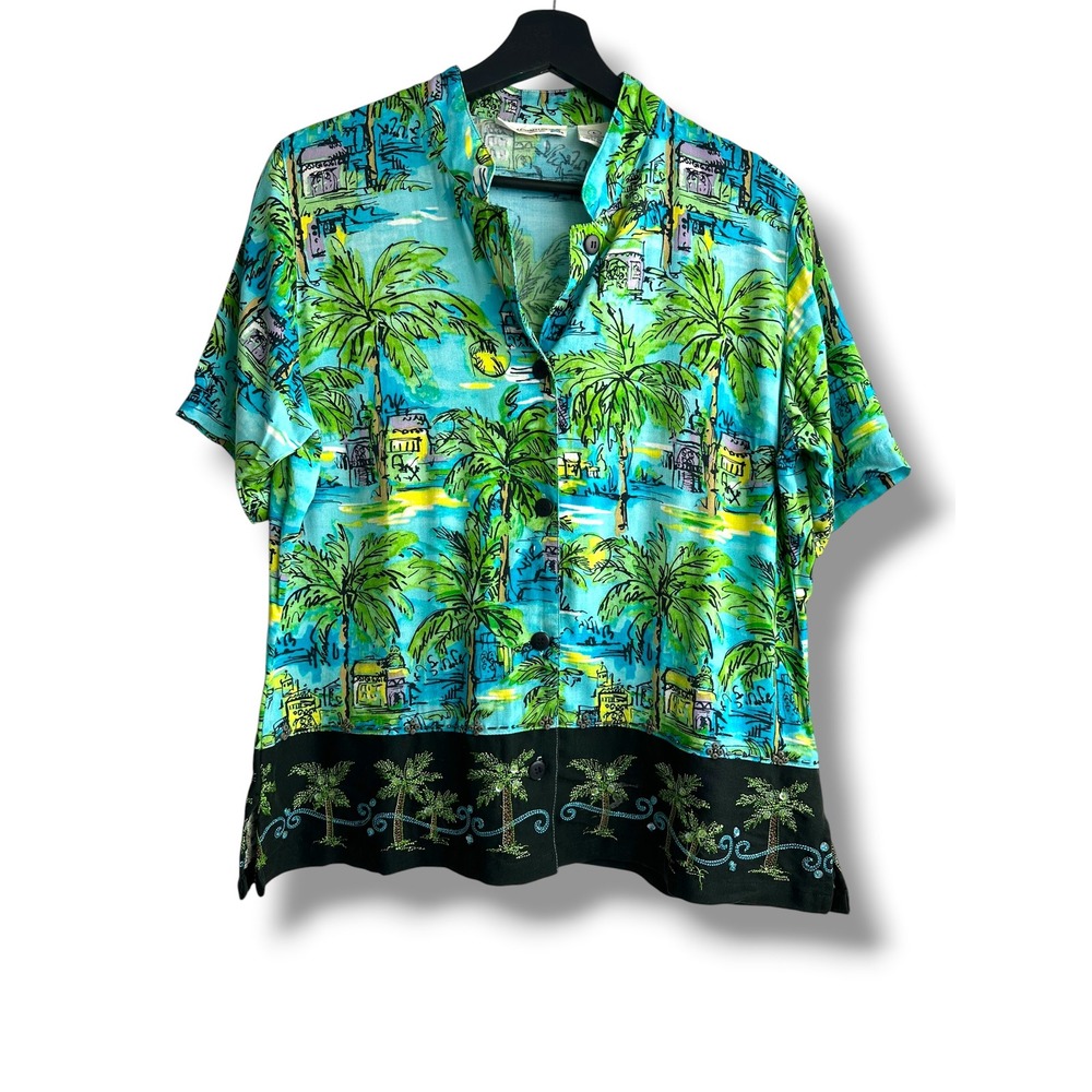 Weekend‎ Clothes Line Women Blue Tropical Palm Tree Embroidered Beaded Shirt L